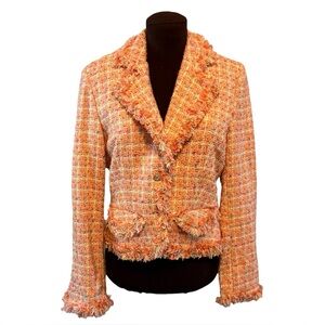 I.C.E. Tweed Boucle Orange Multi Color Fringe Jacket Womens size 4